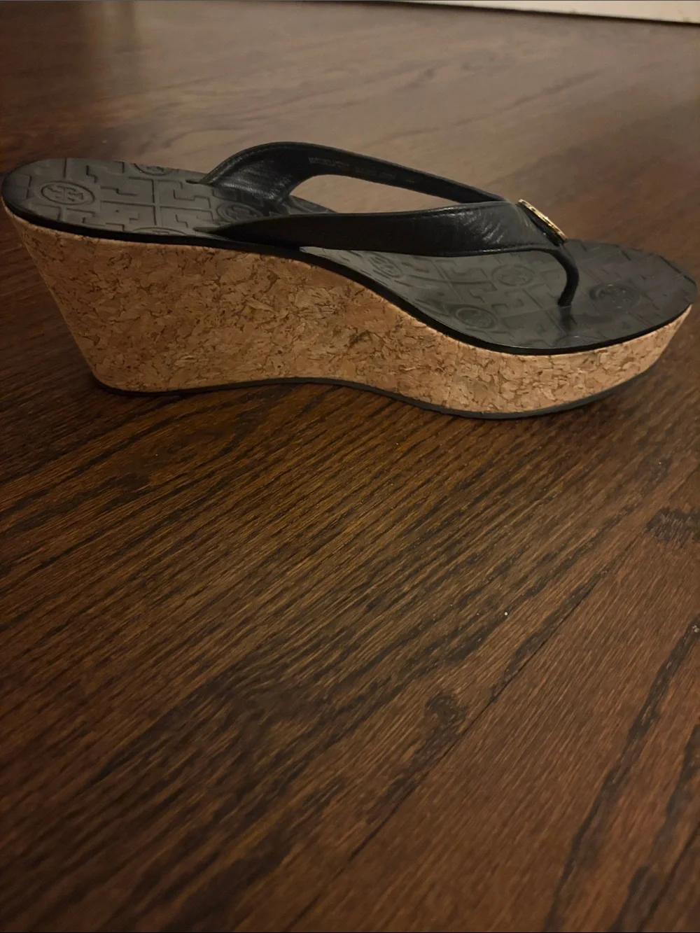 Tory Burch Black Wedge Thong Sandals with Gold Logo